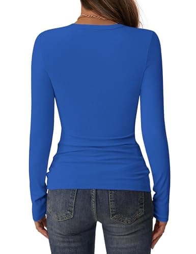 C.O.Z.Y Womens Long Sleeve Shirts Ribbed Crewneck Slim Fit Tops Casual Layering Basic Tee T-Shirt Trendy Outfits Royal Blue - Thumbnail 4