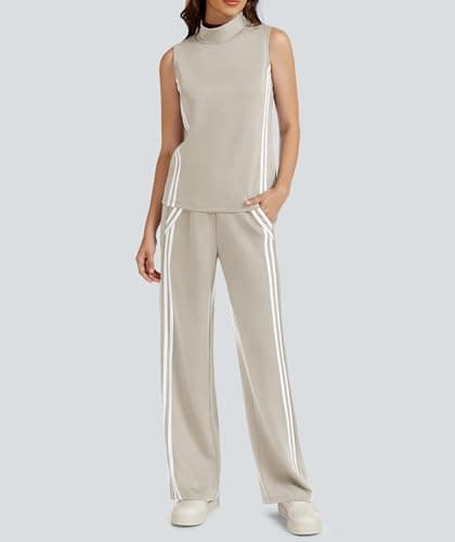 Casly Lamiit Two Piece Sets for Women Lounge Travel Outfits Casual Sweatsuit Matching Airport Clothes Sleeveless Tops Long Jogging Pants Dark Beige XL - Thumbnail 3