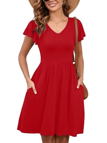 Heymoments Women Summer Dress Red Medium Ruffle Sleeve V Neck Casual Cute Loose Sundress Comfy Swing Midi Work Flowy Tunic Ladies Beach Vacation Teacher Dresses with Pockets - Image 1
