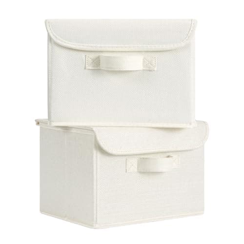 GRANNY SAYS Small Storage Bins with Lids, Small Storage Boxes, Shelf Baskets for Shelf, Collapsible Storage Bins for Living Room, Bedroom, 10x8x7 Inch, Ivory White, 2-Pack - Image 1