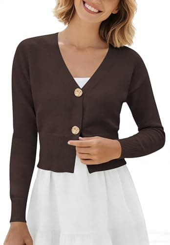 Women's Spring Cardigan Lightweight Knit V Neck Sweater for Office Everyday Layering Outfits Chocolate Brown M - Thumbnail 4
