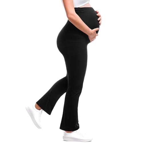 Walifrey Maternity Flared Leggings with Pocket Over The Belly Buttery Soft Pregnancy Yoga Pants Black XXL 32in - Thumbnail 4