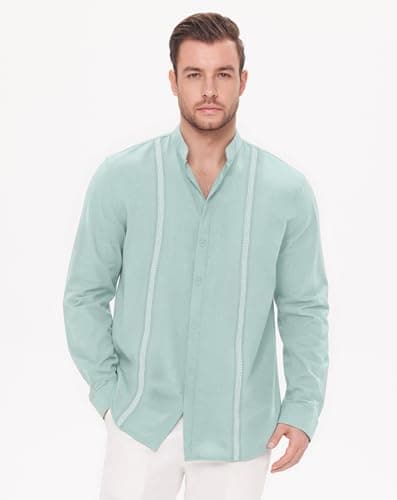 JEKAOYI Mens Linen Shirts Long Sleeve Button Down Shirts Business Dress Clothing Beach Vacation Summer Tops Mint Blue - Thumbnail 5