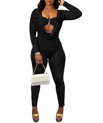ABKY Sexy Jumpsuits for Women Deep V Neck Long Sleeve Cut Out Romper Bodycon Jumpsuit Club Party Going Out Date Night Outfits Black M