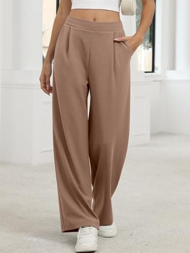ANRABESS Womens Pants Wide Leg Waffle Knit Casual Stretchy Work Dress Pants 2026 Pull on Business Slacks Trousers Outfits Medium Coffee - Thumbnail 2