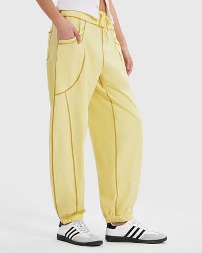 MOOSLOVER Women Baggy Jogger Pants Drawstring Mid Waist Athletic Casual Pant Comfy Cotton Lightweight Sweatpants(M,Yellow) - Thumbnail 2