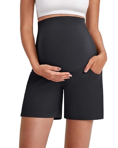 G4Free Maternity Yoga Shorts with Pockets Athletic Stretchy Pregnancy Clothes Over The Belly Summer Biker Active(Black,S,6'') - Image 1