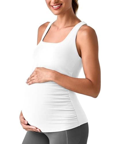 G4Free Maternity Yoga Tank Tops Workout Pregnancy Clothes Yoga Tanks Slim Fit Hip Length Comfy with Built in Bra Casual Camisole(White,L) - Image 1
