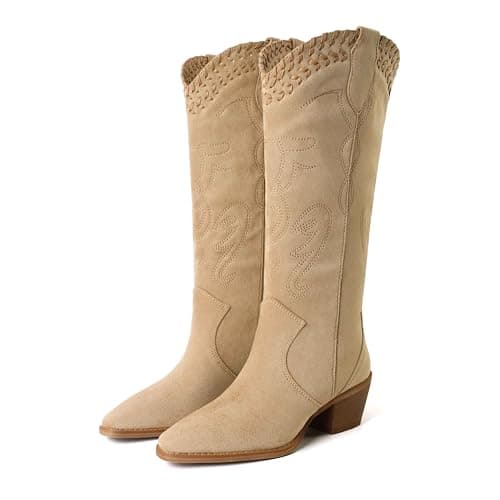 Reitoye Khaki Cowboy Boots for Women Knee High Cowgirl Boots Embroidered Square Toe Chunky Low Heel Western Boot Pull On Wide Calf Country Boots Size 8.5 - Image 1
