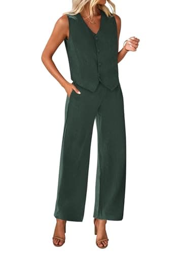 KIRUNDO Two Piece Outfits for Women Summer Sets 2026 Trendy Button Crop Vest Wide Leg Pantsuit Matching Set Spring Fashion Clothes(Dark Green, XX-Large)