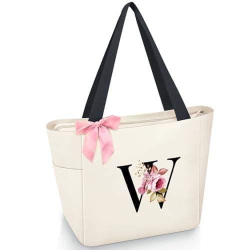 Vavabox Tote Bag, A-Z Initial Monogrammed Waterproof Tote Bag, Bridesmaid Gifts for Women, Black and Pink (W, Beige) - Image 1