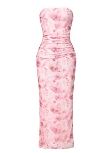 OutfitShow Womens Summer Bodycon Maxi Dresses 2026 Floral Strapless Tube Slit Ruched Mesh Cocktail Party Long Dress, Pink Rose S - Image 1