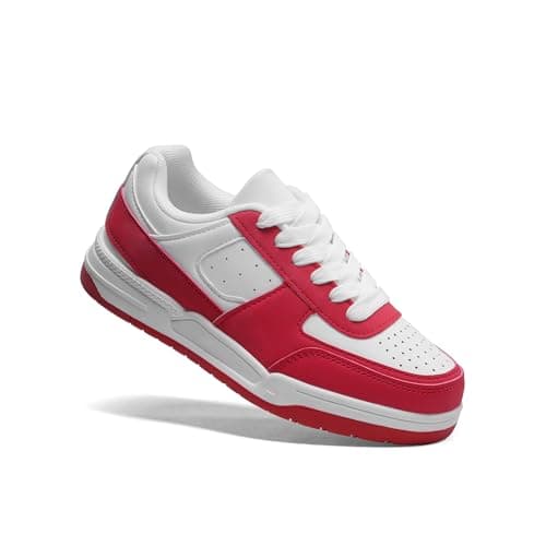 FabKids Girls' White/Red Sneakers Breathable Non-Slip Tennis Walking Shoes Cute Low Top Lace Up Casual Shoes 2025 Big Kids Size 5 - Image 1