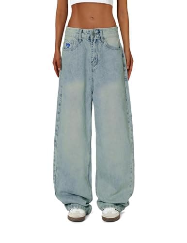 Aelfric Eden Womens Wide Leg Jeans High Waist Casual Vintage Washed Baggy Jeans Streetwear Y2K Loose Straight Denim Pants Blue 34