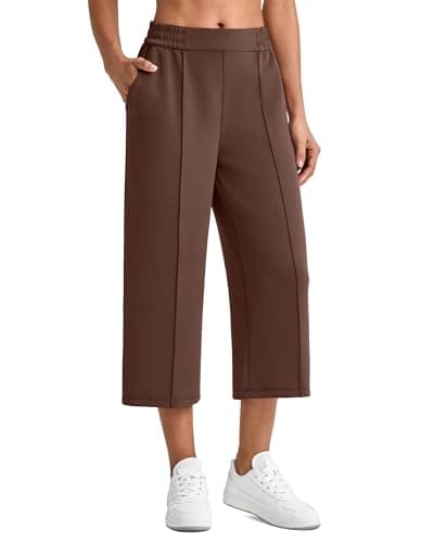 G4Free Summer Pants for Woman with Pockets Wide Leg Capri Pants High Waist Stretchy Sweatpants Travel Lounge Pants(Dark Coffee,M,Regular) - Image 1