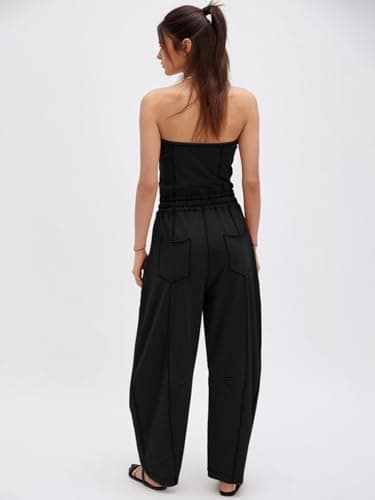 Sexyasasii One Piece Jumpsuits for Women Strapless Off Shoulder Long Wide Leg Pants Drawstring Summer Casual Tube Top Jumpsuit with Pockets - Thumbnail 2