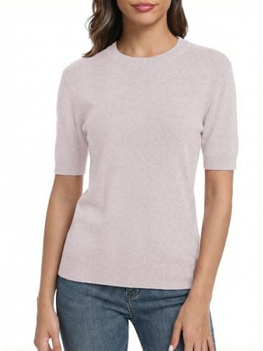 LaGracia Short Sleeve Sweater for Women Wool Blend Crewneck Business Casual Pullover Lightweight Sweaters Apricot S - Thumbnail 2
