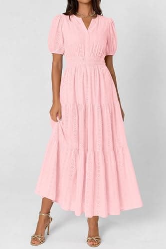 PRETTYGARDEN Womens Summer Maxi Dresses 2026 Casual Puff Sleeve V Neck Smocked Flowy Eyelet Cotton Dress Spring Sundress(Pink,Large) - Thumbnail 4