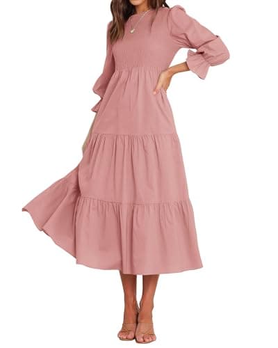 BTFBM Women Casual Long Sleeve Dress Fall Dresses 2025 Solid Color Relaxed Fit Smocked Tiered Flowy Boho Long Dresses(Solid Dusty Pink,Medium) - Image 1