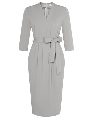 Office Dresses V Neck 3/4 Sleeve Church Dresses for Women Midi Pencil Dress L Gray - Image 1