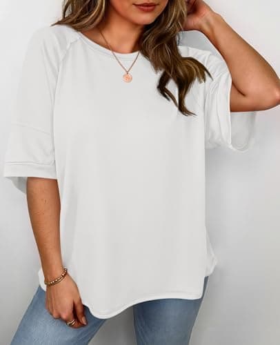 Cicy Bell Womens Oversized T-Shirts Summer Crew Neck Half Sleeve Tunic Tops Casual Loose Fit Basic Tee Shirt White - Thumbnail 3