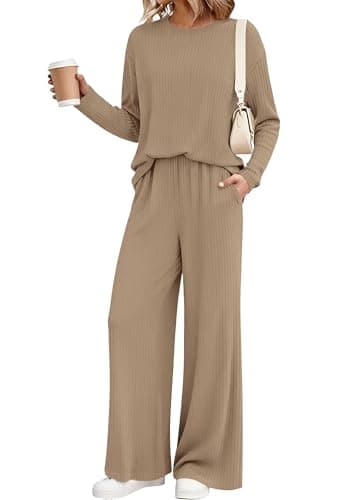 KIRUNDO Spring 2 Piece Lounge Sets for Women Long Sleeve Ribbed Knit Tops Wide Leg Pants Matching Travel Outfits Postpartum(Khaki, Small) - Image 1
