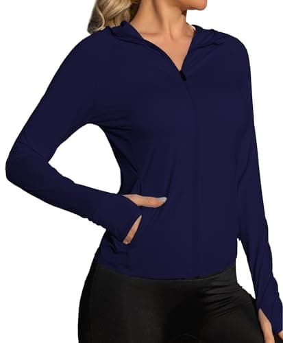 We1Fit Women's UPF 50+ Sun Protection Shirts Hooded Jacket Long Sleeve Hiking Outdoor Running Performance Wear Navy Blue - Image 1