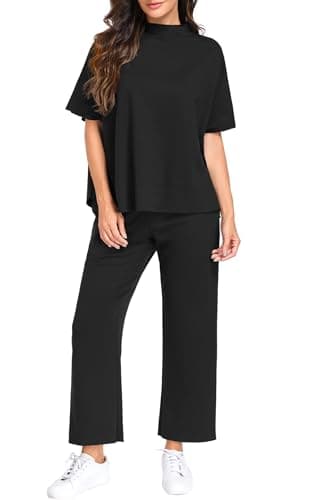 PrinStory Womens Lounge Set Summer 2 Piece Outfits Pullover Top and Wide Leg Pants Matching Sets 2026 Black-L - Thumbnail 3
