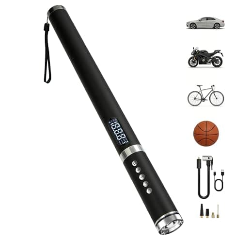 BGPRECISE Aluminum Stick Tire Inflator Portable Air Compressor, Multi-Functional Cordless Bike Car Tires Air Pump with Window Breaker, LED Flashlight, Pressure Gauge for Auto, Motorcycles, Balls - Image 1