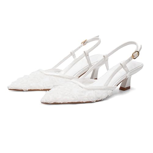 RUSAUISE Slingback Rose Flowers Kitten Heels Sandals for Women Pointed Close Toe Mesh Floral Low Heeled Buckle Strap Dressy Pump Shoes for Wedding Party White Size 8.5 - Thumbnail 3