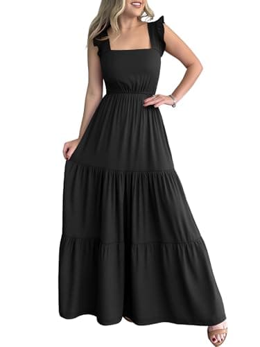 Prinbara Womens Maxi Dress Summer Casual Sleeveless Square Neck Flowy Ruffle Backless Beach 2026 Vacation Boho Long Sundress Black Large - Image 1