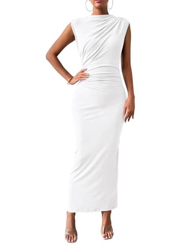 BTFBM Women Ruched Bodycon Maxi Dresses Summer Casual Sleeveless Lightweight Slit Elegant Cocktail Wedding Guest Dress(White, Large) - Image 1