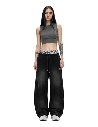 Aelfric Eden Leopard Double Waist Baggy Sweatpants Wide Leg Trouser Casual Lounge Pants with Pockets Unisex Black M - Thumbnail 5