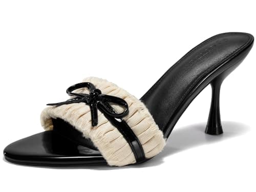 Coutgo Womens High Heels Mules Open Toe Bow Tie Sandals Ruffle Stiletto Slip on Prom Dress Shoes, Beige, Size 7 - Image 1