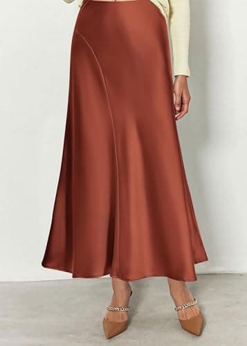 KIRUNDO Women Spring Summer Satin Maxi Skirt 2026 Trendy High Waisted Wedding Cocktail Party Work Silk A-Line Formal Skirts(Brown, Small) - Thumbnail 5
