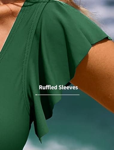 SOCIALA Bathing Suits for Women Tummy Control Ladies Swimsuits Ruffle Sexy One Piece Swimsuit O-Ring Cutout Swimwear Green S - Thumbnail 4