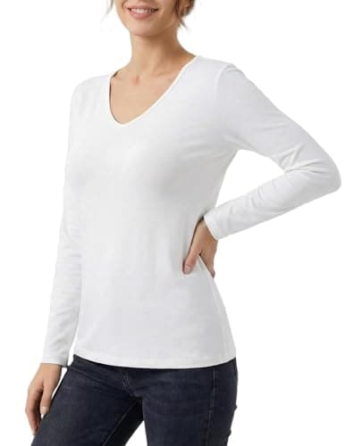 GAMISS Women's T Shirt Casual Underlayer Top V Neck Long Sleeve Basic Layering Tee White M