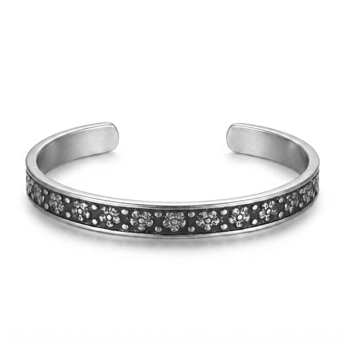 YWMAN Vintage Floral Cuff Bracelet, Flowers Engraved Bangle for Women, Stainless Steel - Image 1