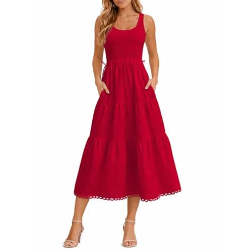 materasu Women Sleeveless Midi Dress with Pocket Drawstring Waist Tiered Casual Summer Dress Black - Image 1