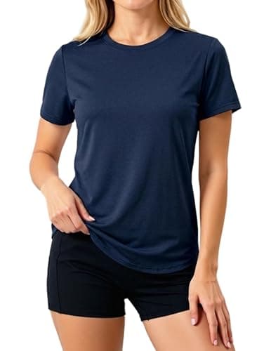 LETSEE Women's Side Slit Workout Tops Short Sleeve T-Shirt Navy Blue - Image 1