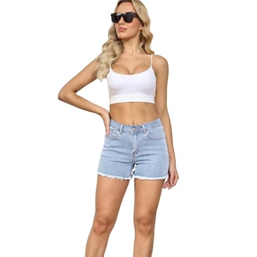 VIPONES Women Jean Shorts High Waisted Stretchy Frayed Raw Hem Vintage Casual Denim Shorts（85-Blue Breeze,12） - Thumbnail 6
