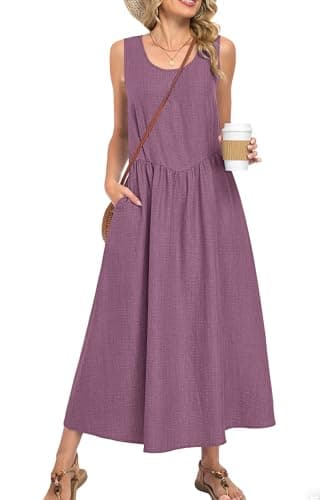 MOLERANI Women’s Summer Maxi Dress Sleeveless A-Line Flowy Sundress Elastic Waist Lightweight Breathable Casual Beach Vacation Outfit Round Neck Resort Wear Wear Light Burgundy S - Image 1