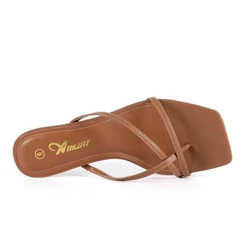 Athlefit Kitten Heels for Women Flip Flops Square Open Toe Strappy Low Heels Sexy Party Wedding Dress Thong Heeled Sandals Brown Size 8 - Thumbnail 5