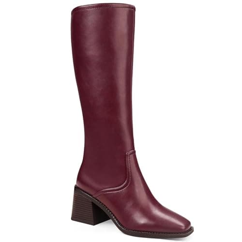 Quorvash Knee High Boots Women - Long Elastic Faux Leather Boots Tall Square Toe Chunky Block High Heel Shoes with Side Zipper Red 7 - Image 1