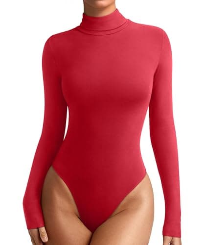 REORIA Womens Winter Turtleneck Long Sleeve Tight Shirts Going Out Basic Slim Fit Thong Body Suit Tops Fall Clothes Ribbon Red XX-Large - Image 1