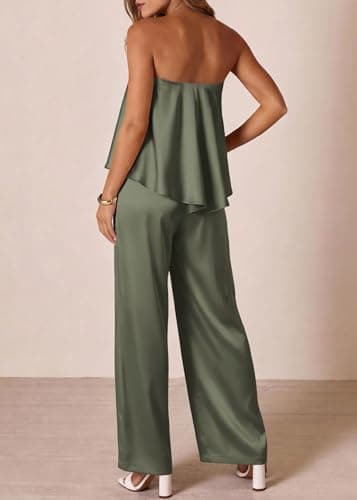 KIRUNDO Jumpsuits For Women Dressy 2026 Summer Satin Strapless Romper Flowy Tube Top Spring One Piece Vacation Outfits(Army Green, Small) - Thumbnail 4
