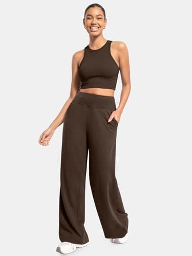 ATHMILE Sweat Pants for Womens Wide Leg Sweatpants High Waist Baggy Lounge Casual Spring Clothes with Pockets Coffee Brown - Thumbnail 2