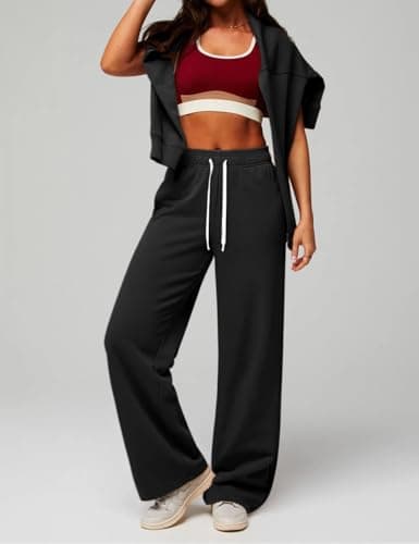 HeSaYep Wide Leg Sweatpants for Women High Waisted Y2K Baggy Sweat Pants Drawstring Athletic Straight Leg Trousers Pants with Pockets Black M - Thumbnail 3