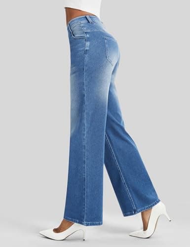 AVAMO Wide Leg Jeans Woman Stretchy Pull on Sweatpant Jeans for Women Elastic High Waisted Straight Leg Baggy Denim Pants Medium Wash - Thumbnail 5