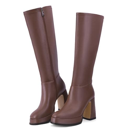 QIV Brown Platform Knee High Boots for Women Square Toe Chunky Block Heel Tall Gogo Boots with Zipper Size 9.5 - Image 1